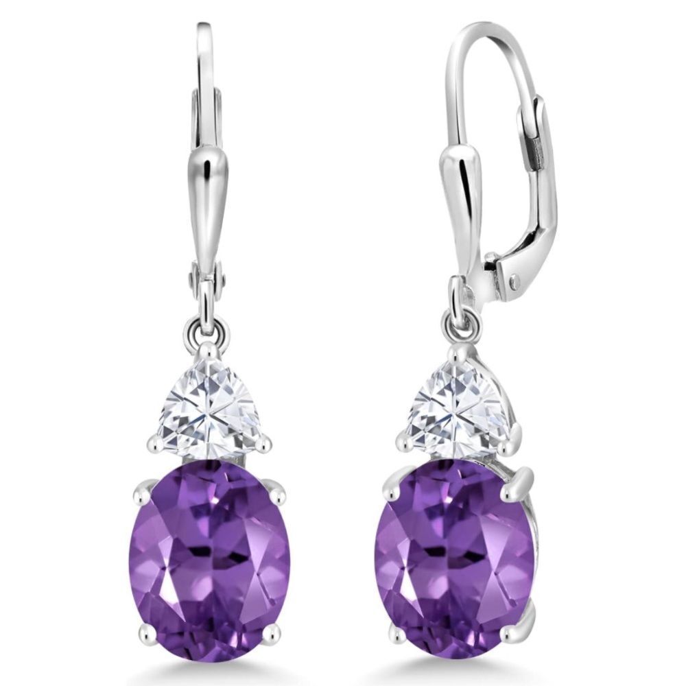 925 Sterling Silver with 5.54 Cttw Amethyst and White Moissanite Drop Earrings